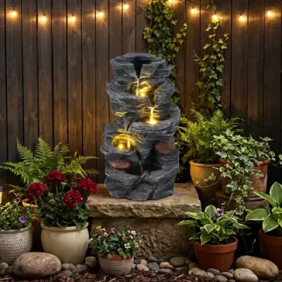 Záhradná fontána s LED osvetlením, 5-úrovňová fontána zo živice, 27 x 20,5 x 45,5 cm