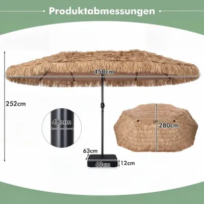 Havajský slnečník 450 cm so stojanom, slamený slnečník s kľukou a 12 kovovými rebrami