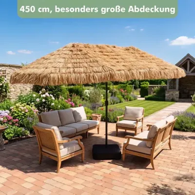 Havajský slnečník 450 cm so stojanom, slamený slnečník s kľukou a 12 kovovými rebrami