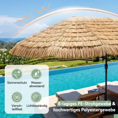 Havajský slnečník 450 cm so stojanom, slamený slnečník s kľukou a 12 kovovými rebrami