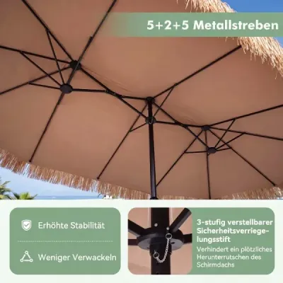 Havajský slnečník 450 cm so stojanom, slamený slnečník s kľukou a 12 kovovými rebrami