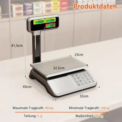 Kontrolná váha 40 kg / 5 g s obojstranným vysokým displejom, maloobchodná váha s integrovanou batériou