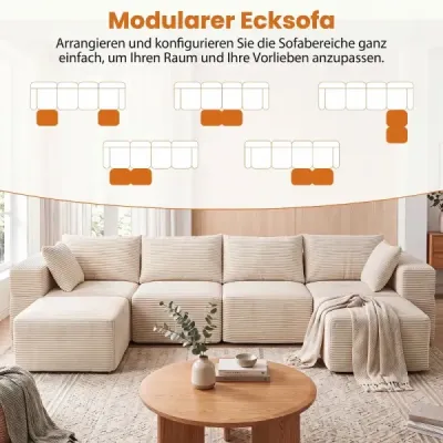 Modulárna manšestrová pohovka, tvar U/L, moderná rohová pohovka s odnímateľným poťahom, 333 × 150 × 58 cm