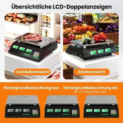 Digitálna maloobchodná váha 40 kg, váha na potraviny s kalkuláciou ceny z nehrdzavejúcej ocele s obojstranným LCD displejom