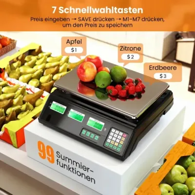 Digitálna maloobchodná váha 40 kg, váha na potraviny s kalkuláciou ceny z nehrdzavejúcej ocele s obojstranným LCD displejom