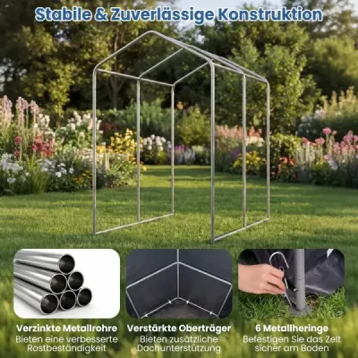 Záhradný domček/garážový stan s rolovacími dverami na zips a 6 kovovými kolíkmi, 150 x 92 x 150 cm