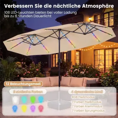 Dvojitý slnečník 400 x 210 cm Slnečník s LED osvetlením Obdĺžnikový záhradný slnečník Béžový