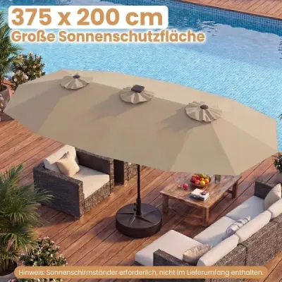 Dvojitý slnečník 400 x 210 cm, slnečník s LED osvetlením, obdĺžnikový záhradný slnečník, hnedý