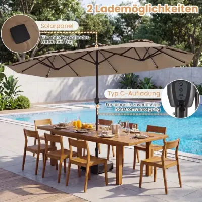 Dvojitý slnečník 400 x 210 cm, slnečník s LED osvetlením, obdĺžnikový záhradný slnečník, hnedý