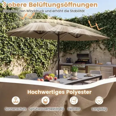 Dvojitý slnečník 400 x 210 cm, slnečník s LED osvetlením, obdĺžnikový záhradný slnečník, hnedý