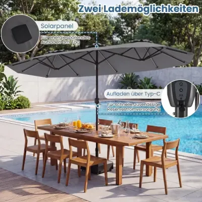 Dvojitý slnečník 400 x 210 cm Slnečník s LED osvetlením Obdĺžnikový záhradný slnečník Šedý