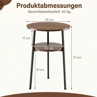 Sada 2 ks: Okrúhly konferenčný stolík Ø 39 cm, pomocný stolík s 2 úrovňami, do obývacej izby, s oceľovou konštrukciou, v odtieni orech