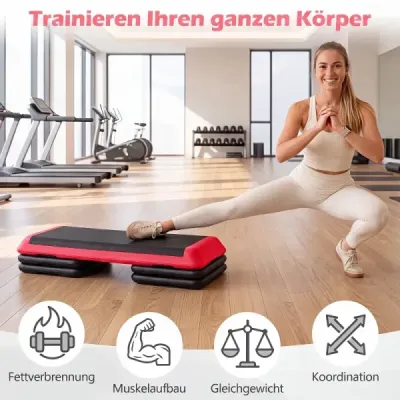 Aerobný stepper s nastaviteľnou výškou, fitness stepper so 4 opornými blokmi, štruktúrovaný povrch, červený