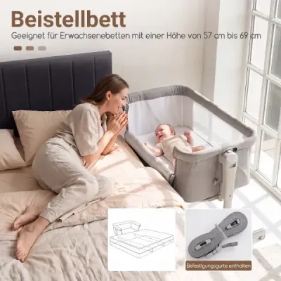Detská postieľka 3 v 1 s 6-stupňovým nastavením výšky a 4 kolieskami, nosnosť až 9 kg, sivá