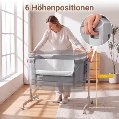 Detská postieľka 3 v 1 s 6-stupňovým nastavením výšky a 4 kolieskami, nosnosť až 9 kg, sivá