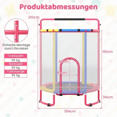 Detská trampolína 154 cm, trampolína 6 v 1 s hrazdou, hojdačkou a kruhmi, viacfarebná