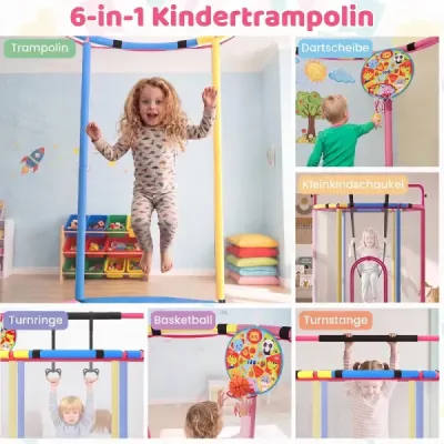 Detská trampolína 154 cm, trampolína 6 v 1 s hrazdou, hojdačkou a kruhmi, viacfarebná