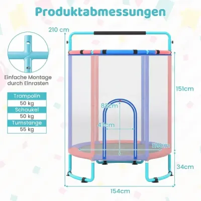 Detská trampolína 154 cm, detská trampolína 6 v 1 s hrazdou, hojdačkou a kruhmi, modrá