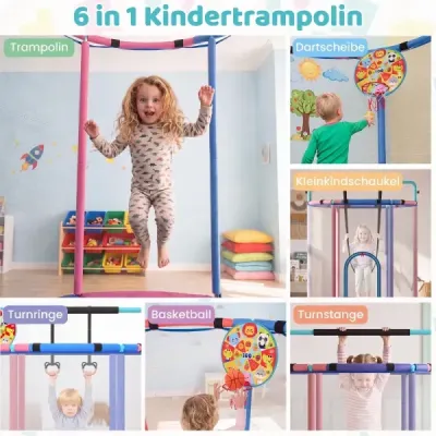 Detská trampolína 154 cm, detská trampolína 6 v 1 s hrazdou, hojdačkou a kruhmi, modrá