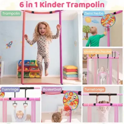 Detská trampolína 154 cm, detská trampolína 6 v 1 s hrazdou, hojdačkou a kruhmi, ružová