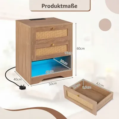 Sada 2 nočných stolíkov s LED svetlami a nabíjacou stanicou, bočný stolík so vzorom potkanov s otvorenou priehradkou