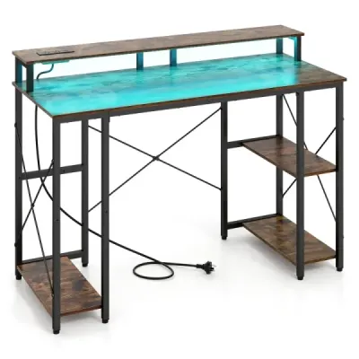 Počítačový stôl s LED osvetlením, zásuvkami a stojanom na monitor, 120 x 50 x 87 cm, hnedý
