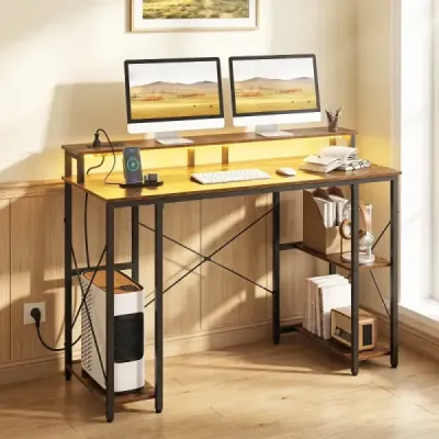 Počítačový stôl s LED osvetlením, zásuvkami a stojanom na monitor, 120 x 50 x 87 cm, hnedý