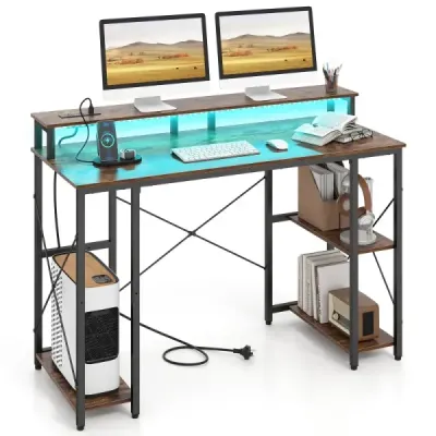 Počítačový stôl s LED osvetlením, zásuvkami a stojanom na monitor, 120 x 50 x 87 cm, hnedý