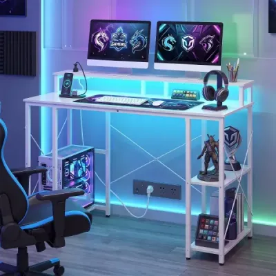 Počítačový stôl s LED osvetlením, zásuvkami a stojanom na monitor, 120 x 50 x 87 cm, biely