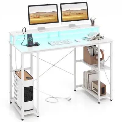 Počítačový stôl s LED osvetlením, zásuvkami a stojanom na monitor, 120 x 50 x 87 cm, biely