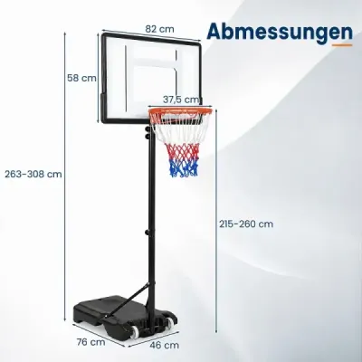 Výškovo nastaviteľný basketbalový stojan s kolieskami, ručnou kľukou a plniteľnou základňou 155-210 cm
