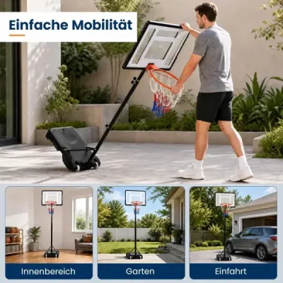 Výškovo nastaviteľný basketbalový stojan s kolieskami, ručnou kľukou a plniteľnou základňou 155-210 cm
