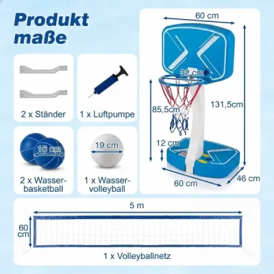 Bazénová hračka 2 v 1 – basketbalový kôš a volejbalová sieť so širokými plniteľnými základňami