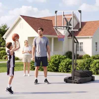 Basketbalový kôš s PE doskou, vonkajší basketbalový systém, 215-260 cm, výškovo nastaviteľný v 8 smeroch