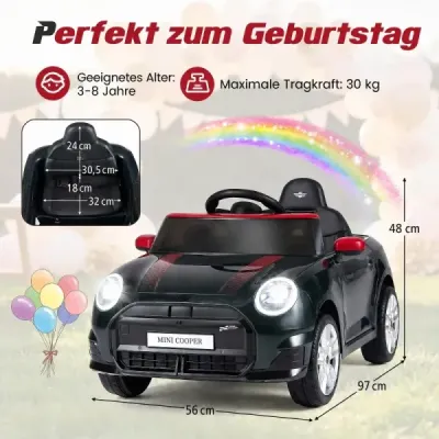 12V detské auto v dizajne BMW Mini, elektrické auto pre deti s diaľkovým ovládaním, LED svetlami a jemným štartom, čierne