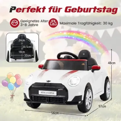 12V detské auto v dizajne BMW Mini, elektrické auto pre deti s diaľkovým ovládaním, LED svetlami a jemným štartom, biele