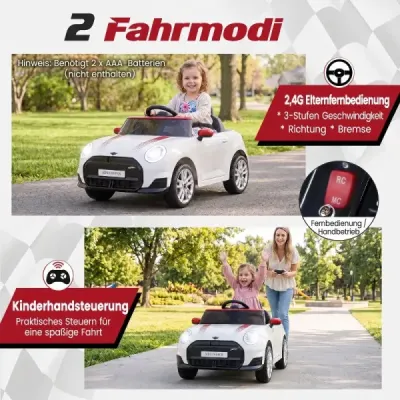 12V detské auto v dizajne BMW Mini, elektrické auto pre deti s diaľkovým ovládaním, LED svetlami a jemným štartom, biele