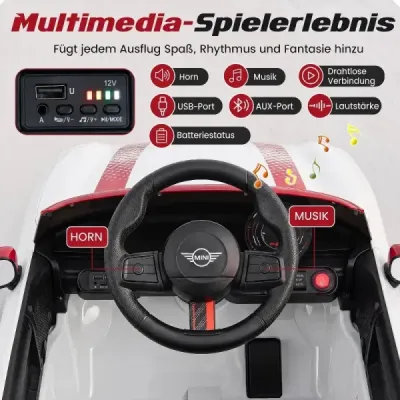 12V detské auto v dizajne BMW Mini, elektrické auto pre deti s diaľkovým ovládaním, LED svetlami a jemným štartom, biele