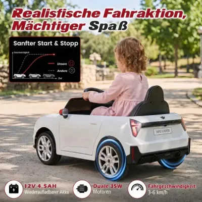 12V detské auto v dizajne BMW Mini, elektrické auto pre deti s diaľkovým ovládaním, LED svetlami a jemným štartom, biele