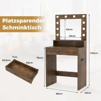 Toaletný stolík s LED osvetlením, nastaviteľný jas, kozmetický stolík so zrkadlom, rustikálna hnedá