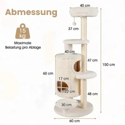 Škrabadlo pre mačky vysoké 150 cm, 6 úrovní, 2 mačacie jaskyne a sisalové škrabadlá, biele
