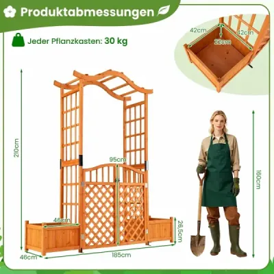 Ružový oblúk s 2 kvetinovými kvetináčmi, kvetinový oblúk z jedľového dreva, záhradný oblúk s mrežou na popínavé rastliny, 183 × 18 × 210 cm
