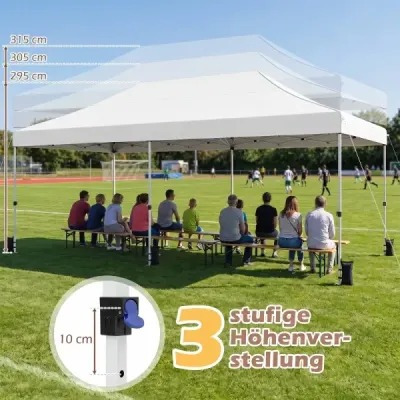 Skladací pavilón 3 x 6 m so 4 bočnými stenami, záhradný pavilón s nastaviteľnou výškou, pop-up pavilón, biely