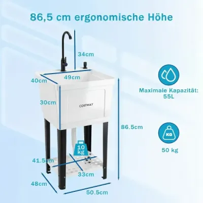 Freistehendes Ausgussbecken Quadratisches Waschbecken aus Kunststoff mit 360° Drehbarem Wasserhahn Weiß