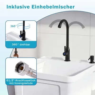 Freistehendes Ausgussbecken Quadratisches Waschbecken aus Kunststoff mit 360° Drehbarem Wasserhahn Weiß