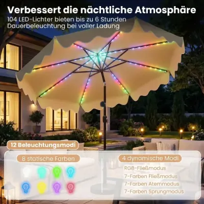 270 cm slnečník s LED solárnym osvetlením, vetruodolný trhový slnečník s 8 rebrami, béžový