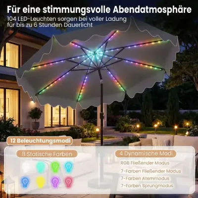 270 cm slnečník s LED solárnym osvetlením, vetruodolný trhový slnečník s 8 rebrami, sivý