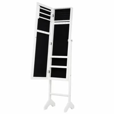 Skriňa na šperky 2 v 1 s robustným dreveným rámom, celotelovým zrkadlom a 3 policami, 35 x 34 x 154 cm, biela