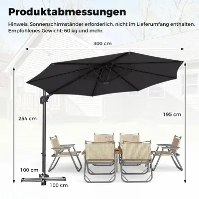 Slnečník typu „semafor“ Ø 300 cm, sklopný, otočný o 360°, s kľukou a nožným pedálom, sivý