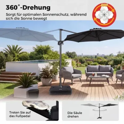 Slnečník typu „semafor“ Ø 300 cm, sklopný, otočný o 360°, s kľukou a nožným pedálom, sivý